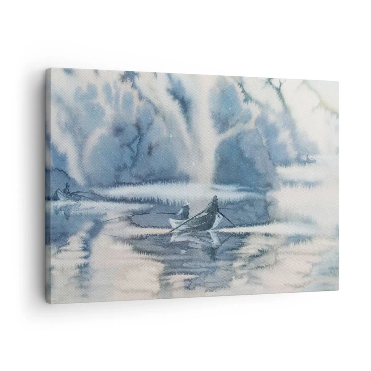 Obraz na plátne - Akvarelová krajina s loďkami na jazere obklopenom hmlistým lesom - 70x50cm - Rybári vo svojom raji - Moderná nástenná dekorácia do obývacej izby a spálne ARTTOR