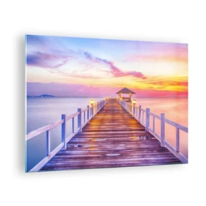 Obraz na skle - Drevené mólo pri západe slnka na pokojnom mori - 70x50cm - Ľaliovo-zlaté ticho večera - Moderná nástenná dekorácia do obývacej izby a spálne ARTTOR