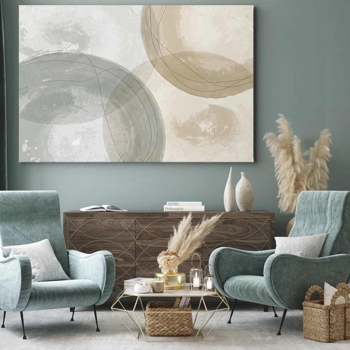 Obraz na plátne - Abstraktná kompozícia v pastelových farbách s čiarami - 70x50cm - Prenikanie svetov - Moderná nástenná dekorácia do obývacej izby a spálne ARTTOR
