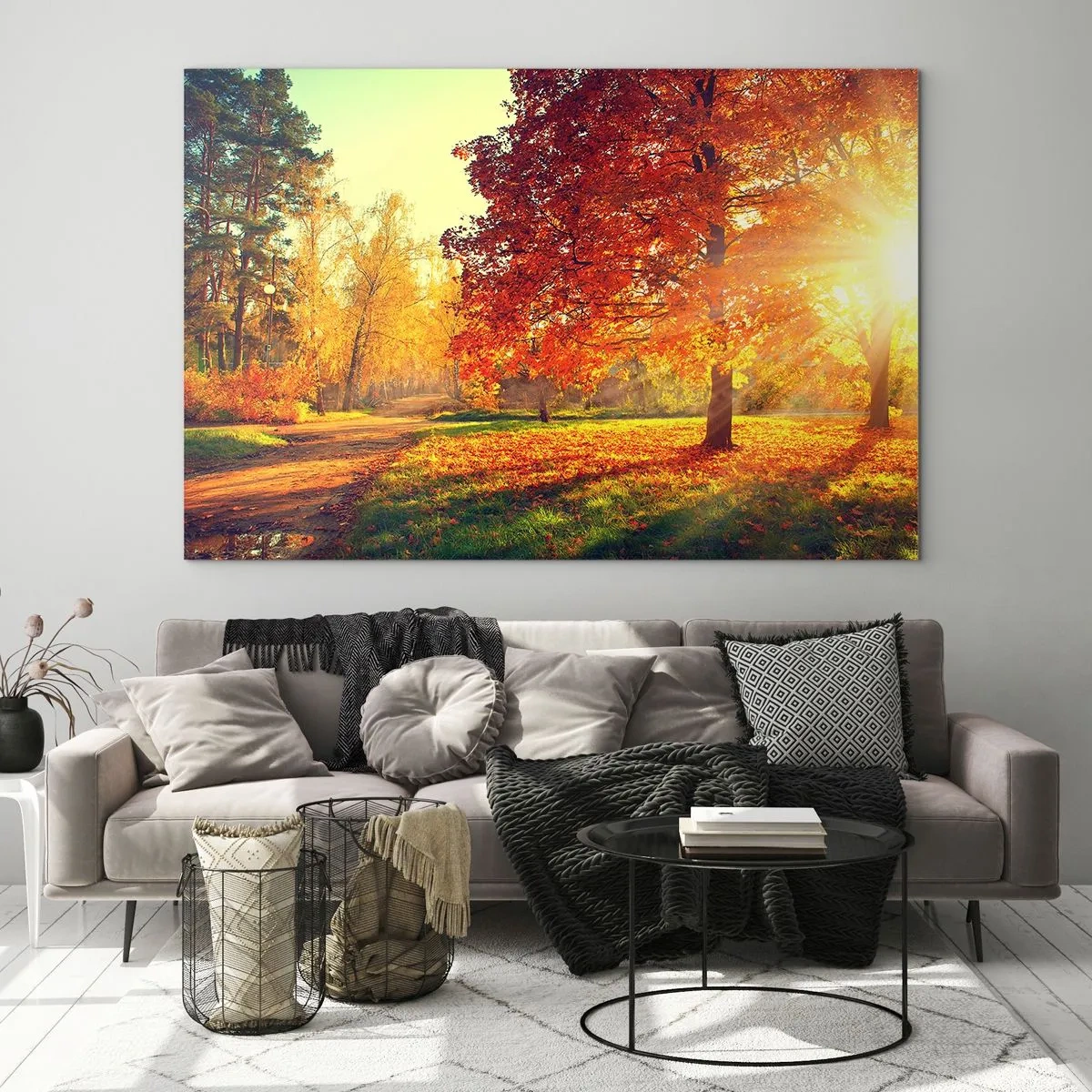 Obraz na skle - Jesenná ulička so slnečnými lúčmi - 70x50cm - Červené je krásne - Moderná nástenná dekorácia do obývacej izby a spálne ARTTOR