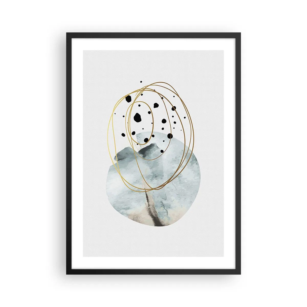 Plagát v čiernom ráme - Minimalistická abstrakcia so zlatými a modrými akcentmi - 50x70cm - V objatí priestoru - Moderná nástenná dekorácia do obývacej izby a spálne ARTTOR