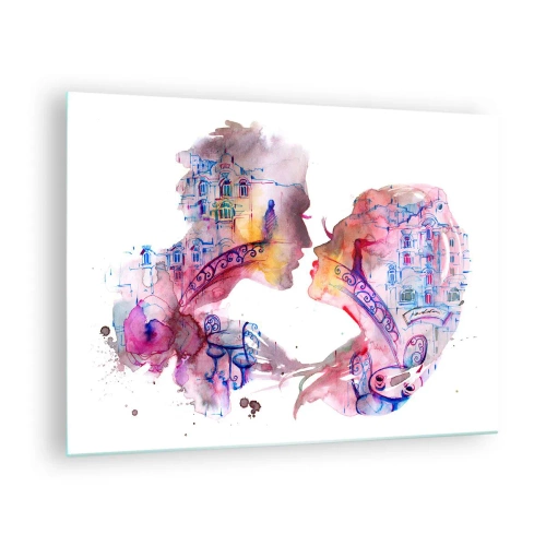 Obraz na skle - Ilustrácia abstraktného portrétu dvoch ľudí v tvare srdca - 70x50cm - Tajomný most vzdychania - Moderná nástenná dekorácia do obývacej izby a spálne ARTTOR