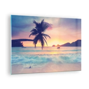 Obraz na skle - Pláž s palmami pri západe slnka s loďou na obzore - 70x50cm - Večer v zátoke - Moderná nástenná dekorácia do obývacej izby a spálne ARTTOR