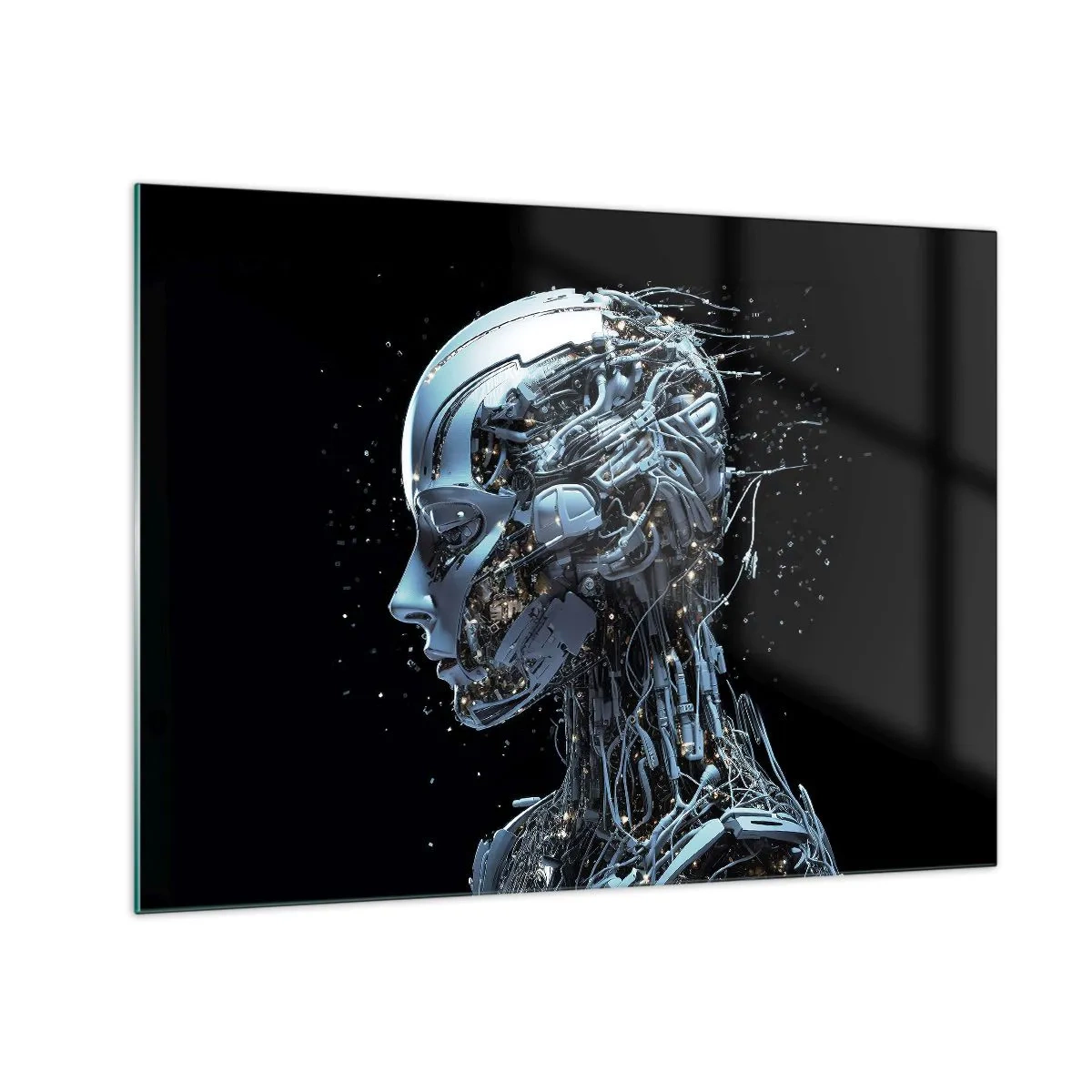 Obraz na skle - Profil robota s drôtmi a mechanizmami - 70x50cm - Technológia je žena - Moderná nástenná dekorácia do obývacej izby a spálne ARTTOR