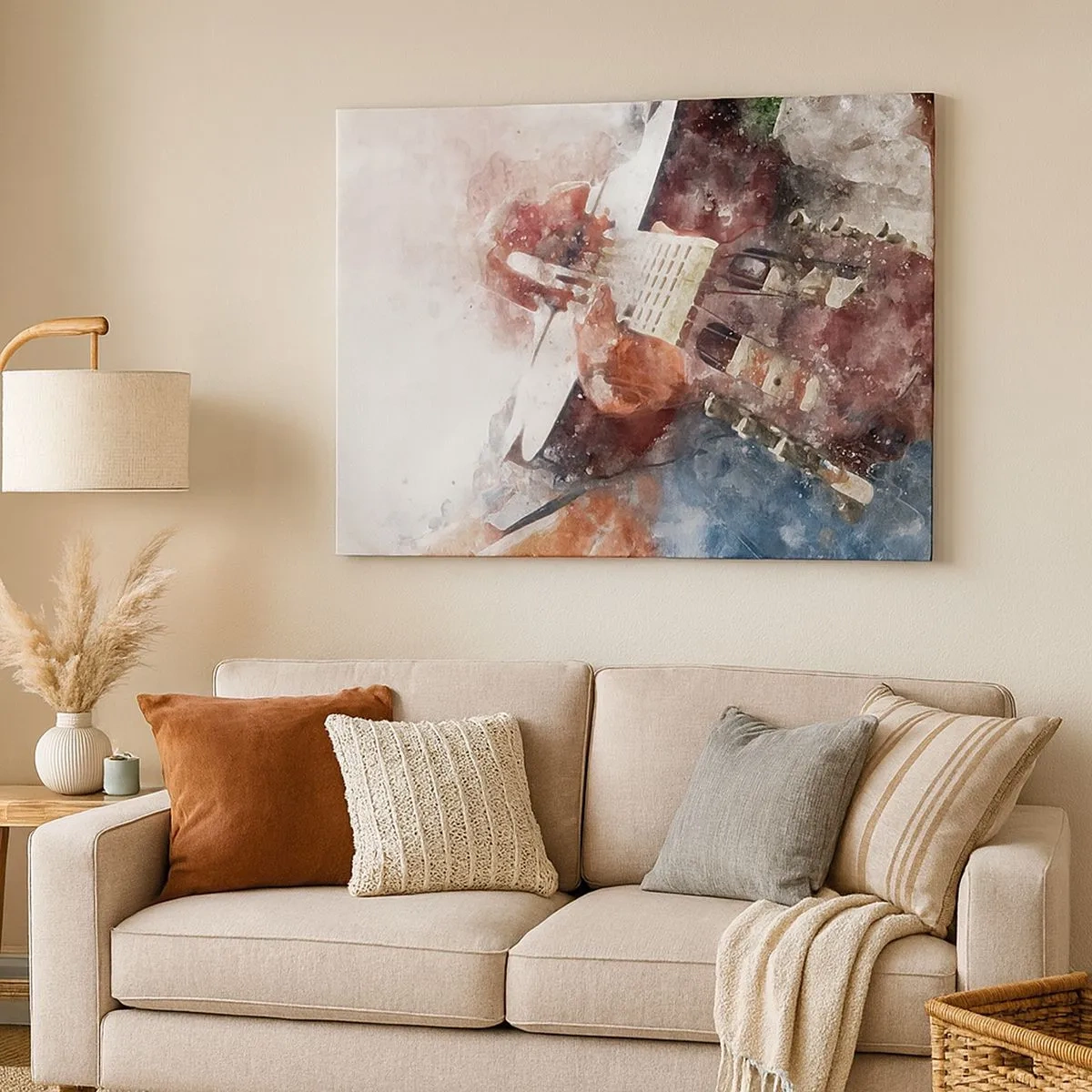 Obraz na plátne - Umelecké spracovanie gitary v akvarelovom štýle - 70x50cm - Čo si o tom myslíš? - Moderná nástenná dekorácia do obývacej izby a spálne ARTTOR