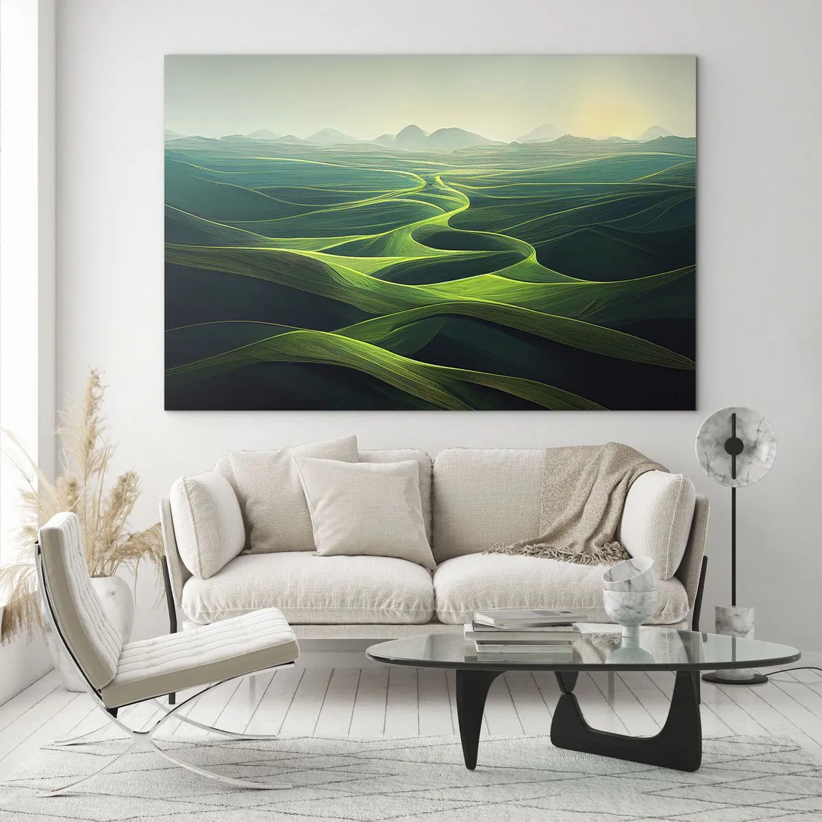 Obraz na skle - Zelené kopce a údolia osvetlené slnečnými lúčmi - 70x50cm - V zelených údoliach - Moderná nástenná dekorácia do obývacej izby a spálne ARTTOR