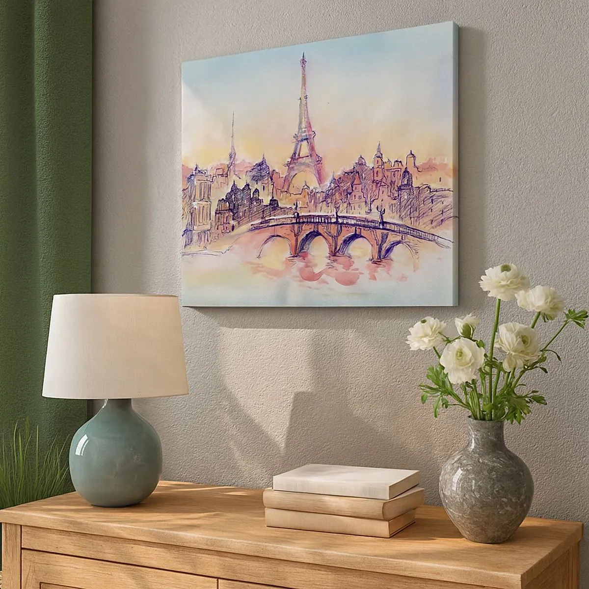 Obraz na plátne - Akvarelová panoráma Paríža s Eiffelovou vežou pri západe slnka - 70x50cm - Jediné také mesto na svete - Moderná nástenná dekorácia do obývacej izby a spálne ARTTOR