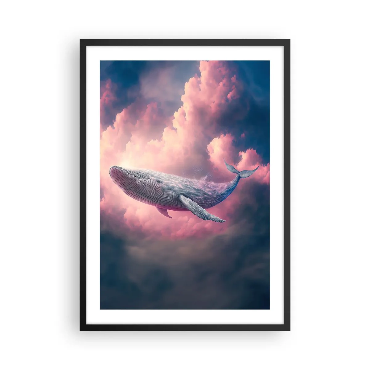 Plagát v čiernom ráme - Veľryba letí medzi ružovými oblakmi pri západe slnka. - 50x70cm - Otri si oči - Moderná nástenná dekorácia do obývacej izby a spálne ARTTOR