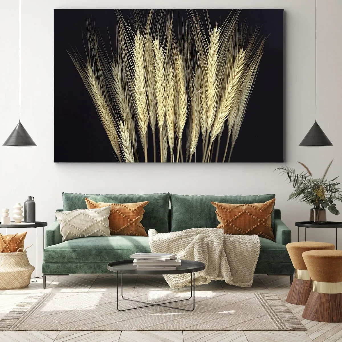 Obraz na plátne - Klasy pšenice na čiernom pozadí v rustikálnom štýle - 70x50cm - Rustikálna mágia - Moderná nástenná dekorácia do obývacej izby a spálne ARTTOR