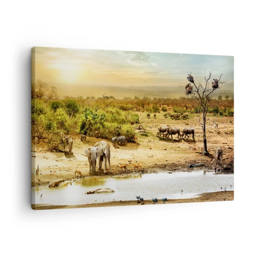 Obraz na plátne - Slony a divé zvieratá pri napájadle pri západe slnka - 70x50cm - „Z raja opäť pramenila rieka…“ - Moderná nástenná dekorácia do obývacej izby a spálne ARTTOR