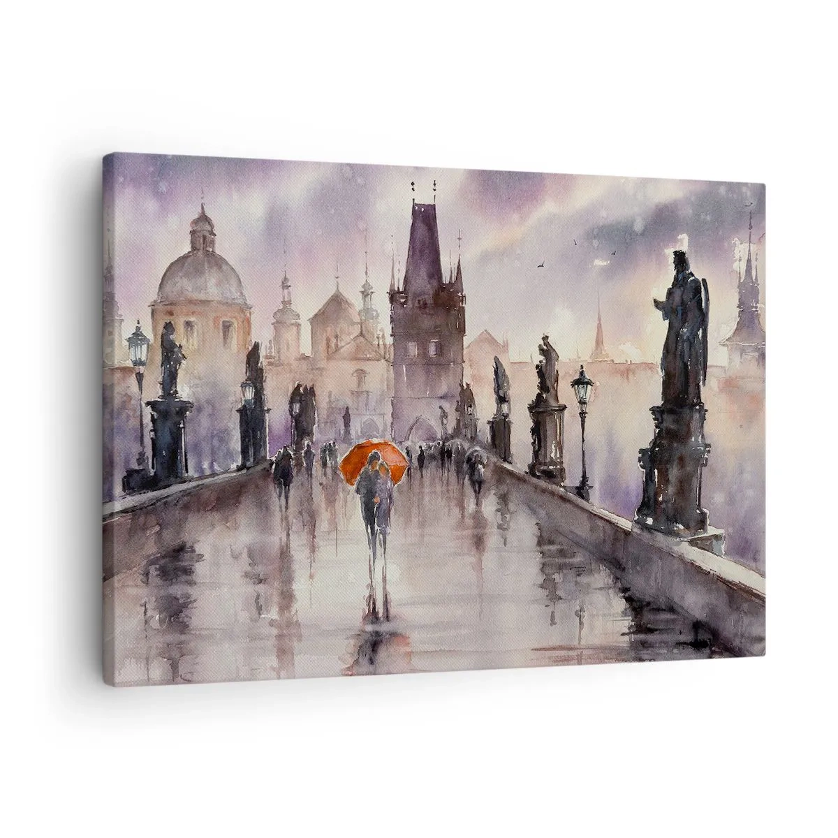 Obraz na plátne - Romantický výhľad na most s dáždnikom na pozadí večerného mesta - 70x50cm - Ľudia sa nemenia - Moderná nástenná dekorácia do obývacej izby a spálne ARTTOR