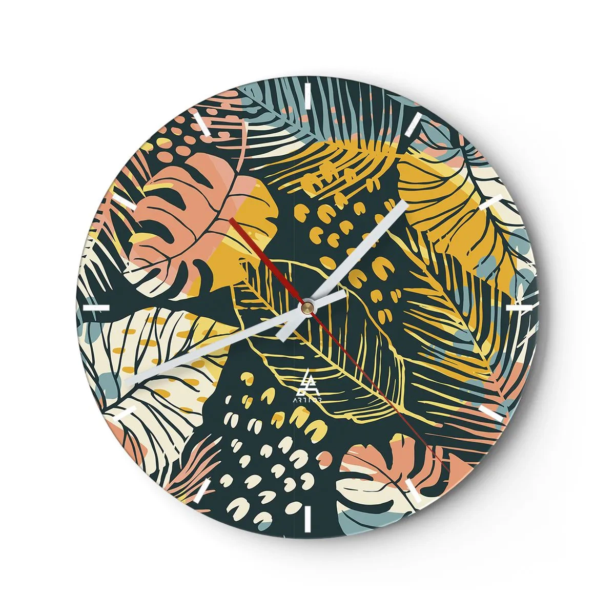 Nástenné hodiny - Farebný vzor tropických listov na tmavom pozadí - 30x30cm - Listová fantázia - Moderná nástenná dekorácia do obývacej izby, kuchyne a spálne ARTTOR
