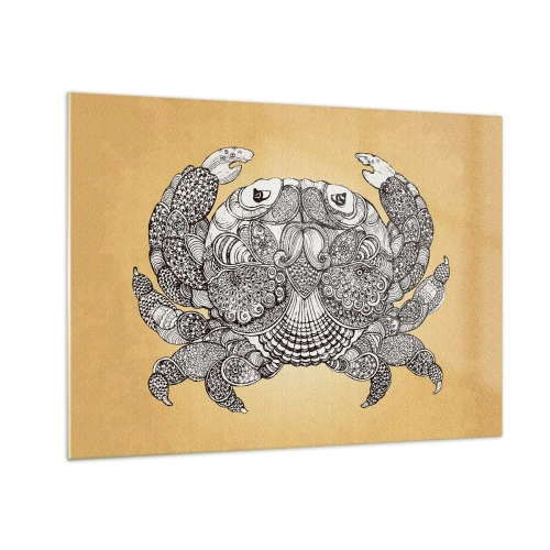 Obraz na skle - Štylizovaná kresba kraba s ornamentami na žltom pozadí - 70x50cm - Príbehy pána Kraba - Moderná nástenná dekorácia do obývacej izby a spálne ARTTOR