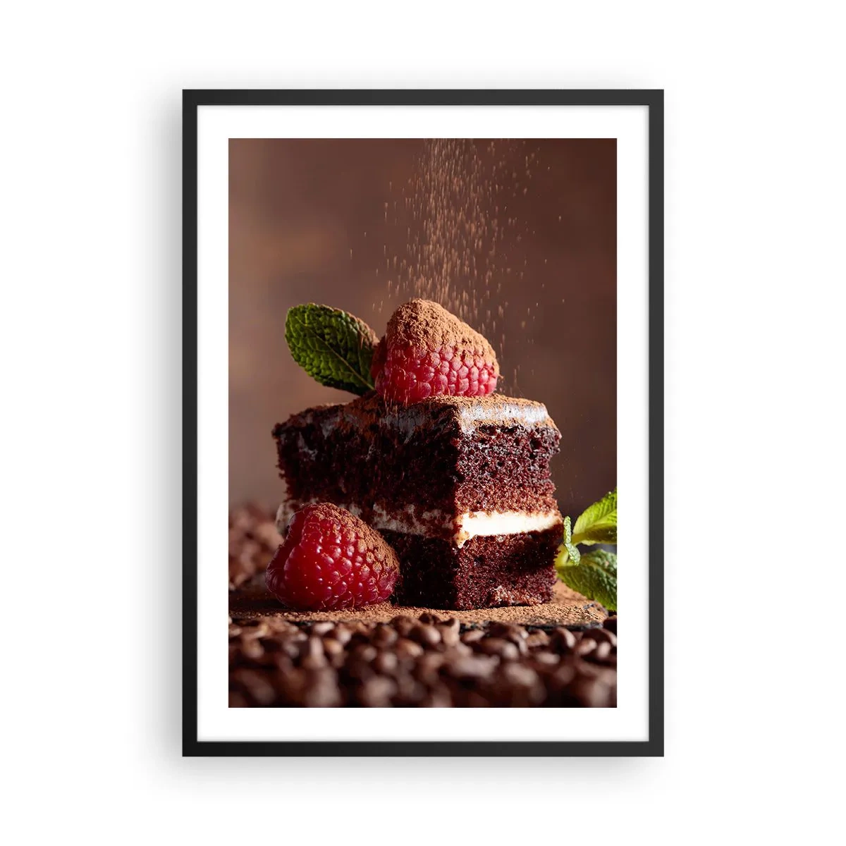 Plagát v čiernom ráme - Čokoládový koláč s malinami a kakaovými posýpkami - 50x70cm - Život je sladký - Moderná nástenná dekorácia do obývacej izby a spálne ARTTOR