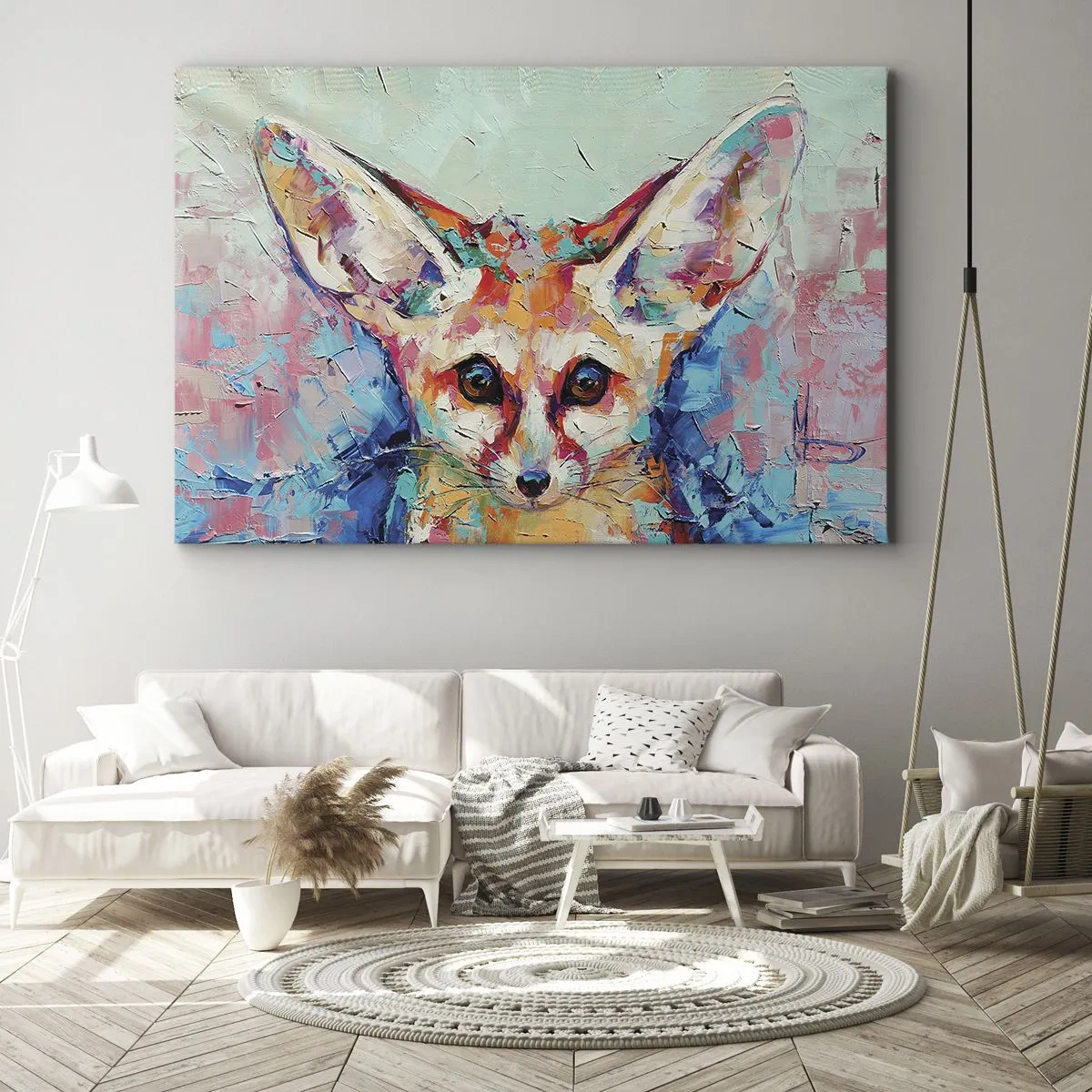 Obraz na plátne - Farebný portrét líšky feneka v štýle expresívnej maľby. - 70x50cm - Ste na mňa pripravení? - Moderná nástenná dekorácia do obývacej izby a spálne ARTTOR