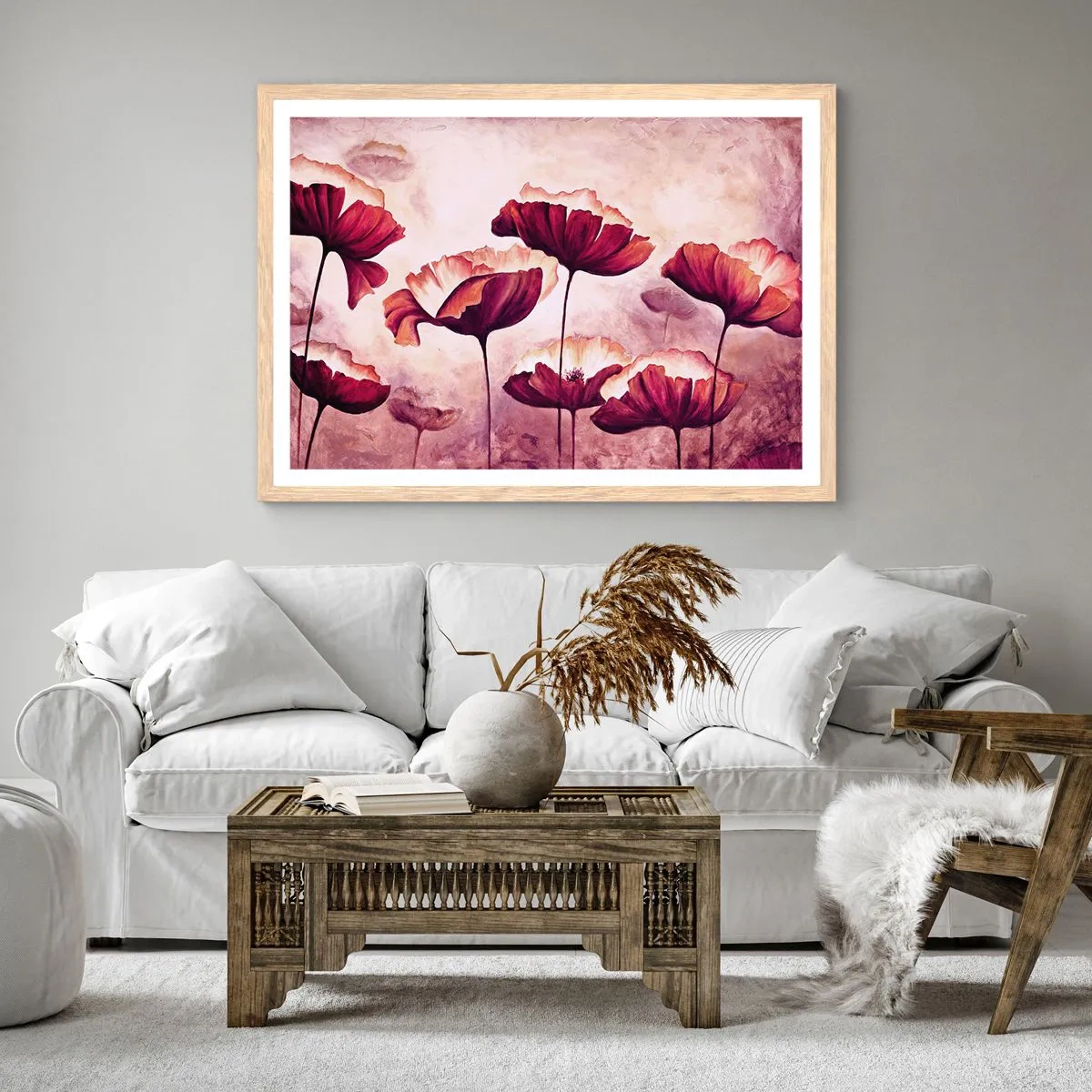 Plagát v ráme zo svetlého duba - Červený a biely plátok - 91x61 cm