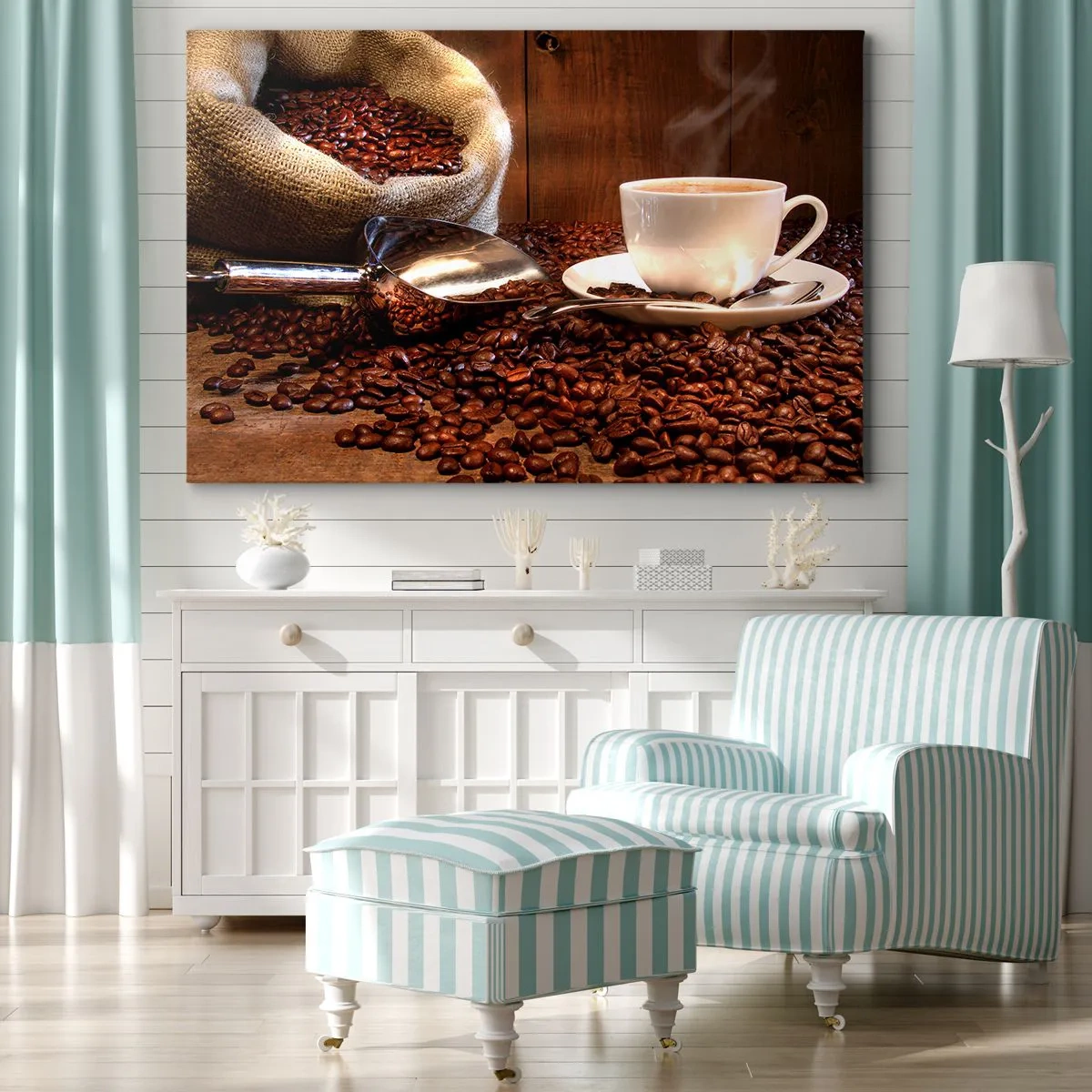 Obraz na plátne - Šálka kávy s kávovými zrnami a vrecko so zrnami v pozadí - 70x50cm - Cítite tú vôňu? - Moderná nástenná dekorácia do obývacej izby a spálne ARTTOR