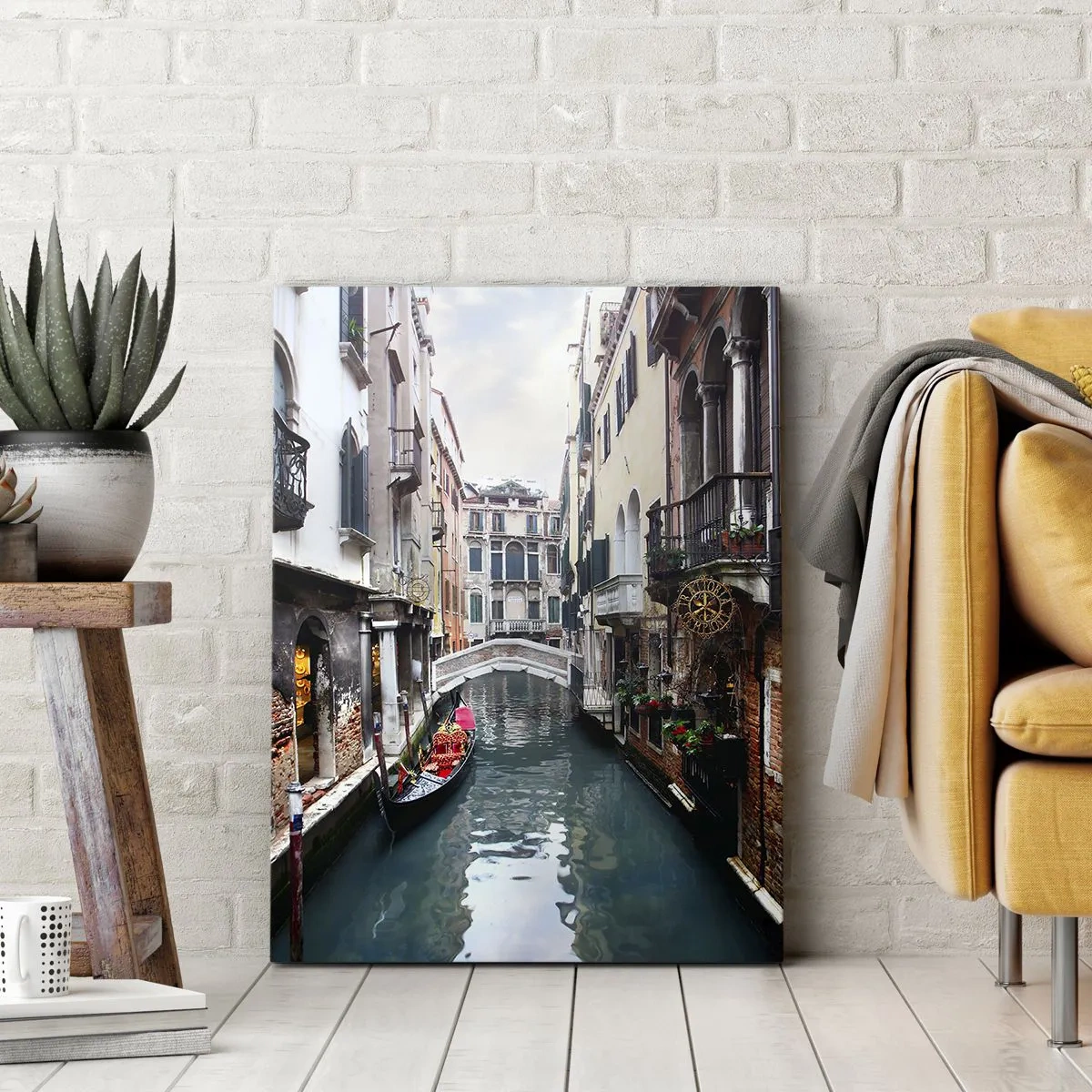 Obraz na plátne - Benátska krajina s gondolou a mostíkom - 55x100 cm