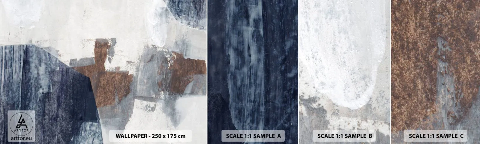 Vzorka samolepiacej fototapety Deluxe Sticker - Modro-hnedé tvary - Kus, Abstrakcia, Minimalizmus - 100x30 cm