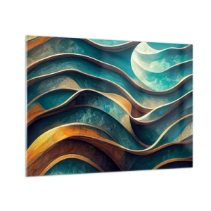 Obraz na skle - Dynamické línie v modrej a medenej farbe vytvárajú vlny - 70x50cm - Meandre modrej - Moderná nástenná dekorácia do obývacej izby a spálne ARTTOR