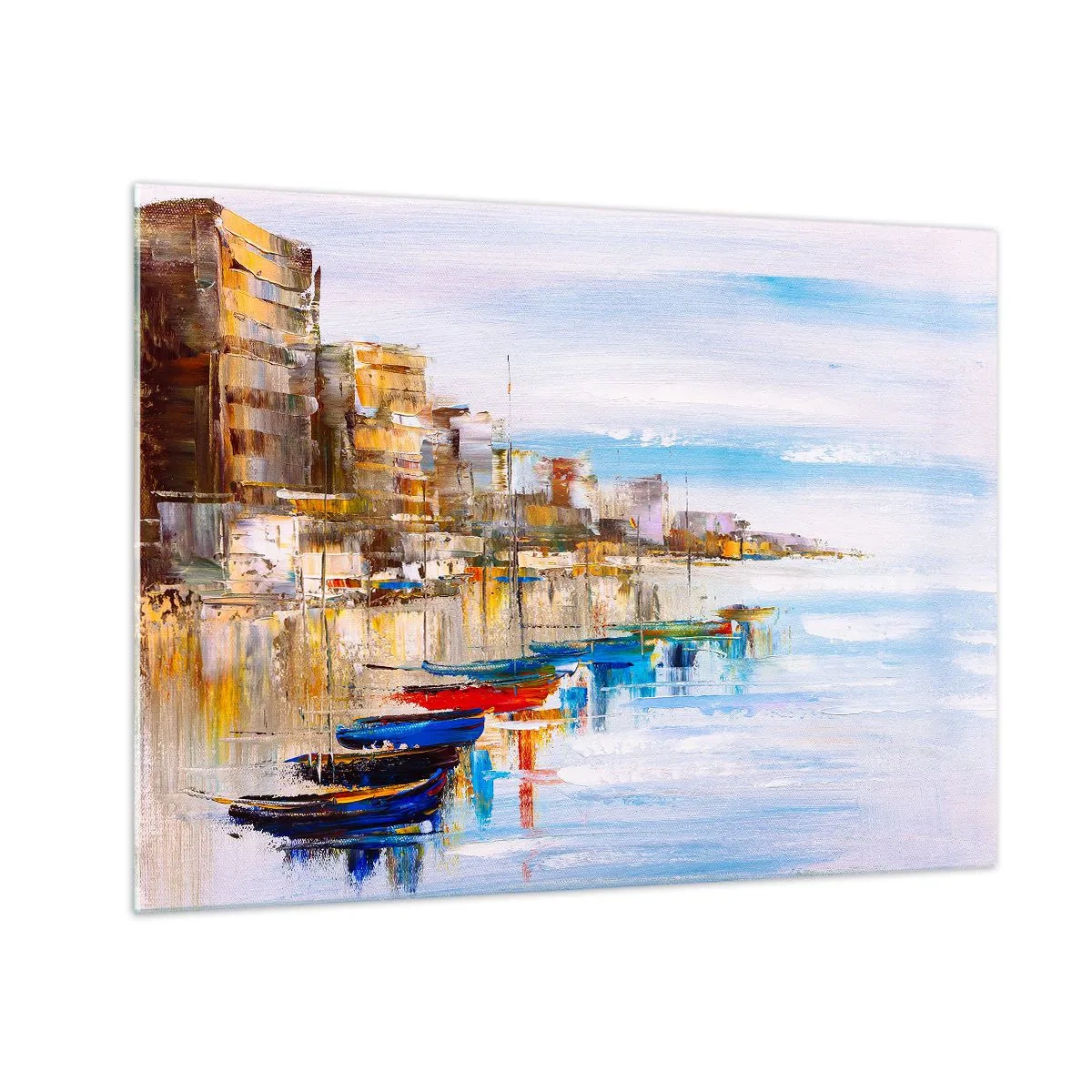 Obraz na skle - Farebné lode kotviace na mestskom nábreží - 70x50cm - Viacfarebný mestský prístav - Moderná nástenná dekorácia do obývacej izby a spálne ARTTOR