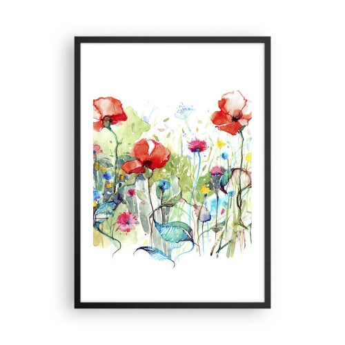Plagát v čiernom ráme - Akvarelová maľba lúky s makmi a poľnými kvetmi. - 50x70cm - Kvitnúca lúka v máji - Moderná nástenná dekorácia do obývacej izby a spálne ARTTOR