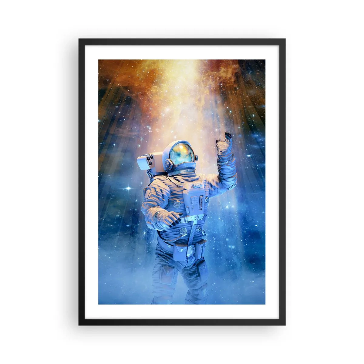 Plagát v čiernom ráme - Astronaut vo svetle hviezd a galaxií vo vesmíre - 50x70cm - Konečne v cieli - Moderná nástenná dekorácia do obývacej izby a spálne ARTTOR
