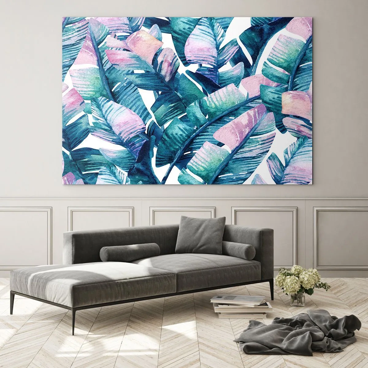 Obraz na skle - Banánové listy v pastelových odtieňoch na bielom pozadí - 70x50cm - V banánovom háji - Moderná nástenná dekorácia do obývacej izby a spálne ARTTOR