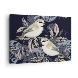 Obraz na plátne - Vtáky na konároch v okrasnom pozadí - 70x50cm - Žltomodrá pieseň - Moderná nástenná dekorácia do obývacej izby a spálne ARTTOR