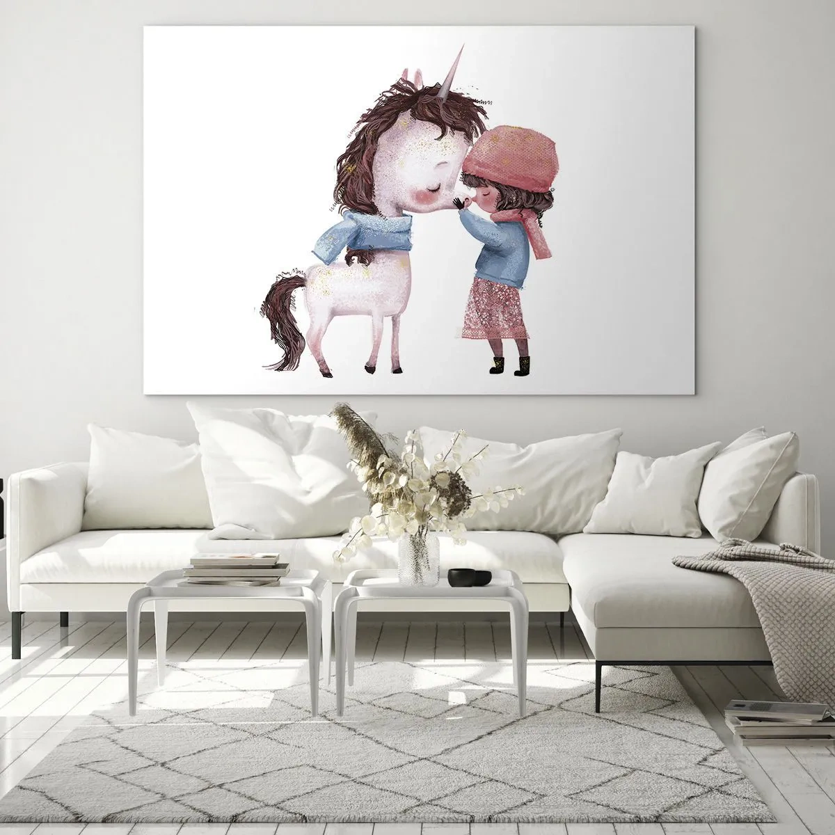 Obraz na skle - Dievča a jednorožec v zimnej krajine - 70x50cm - Zimný príbeh - Moderná nástenná dekorácia do obývacej izby a spálne ARTTOR