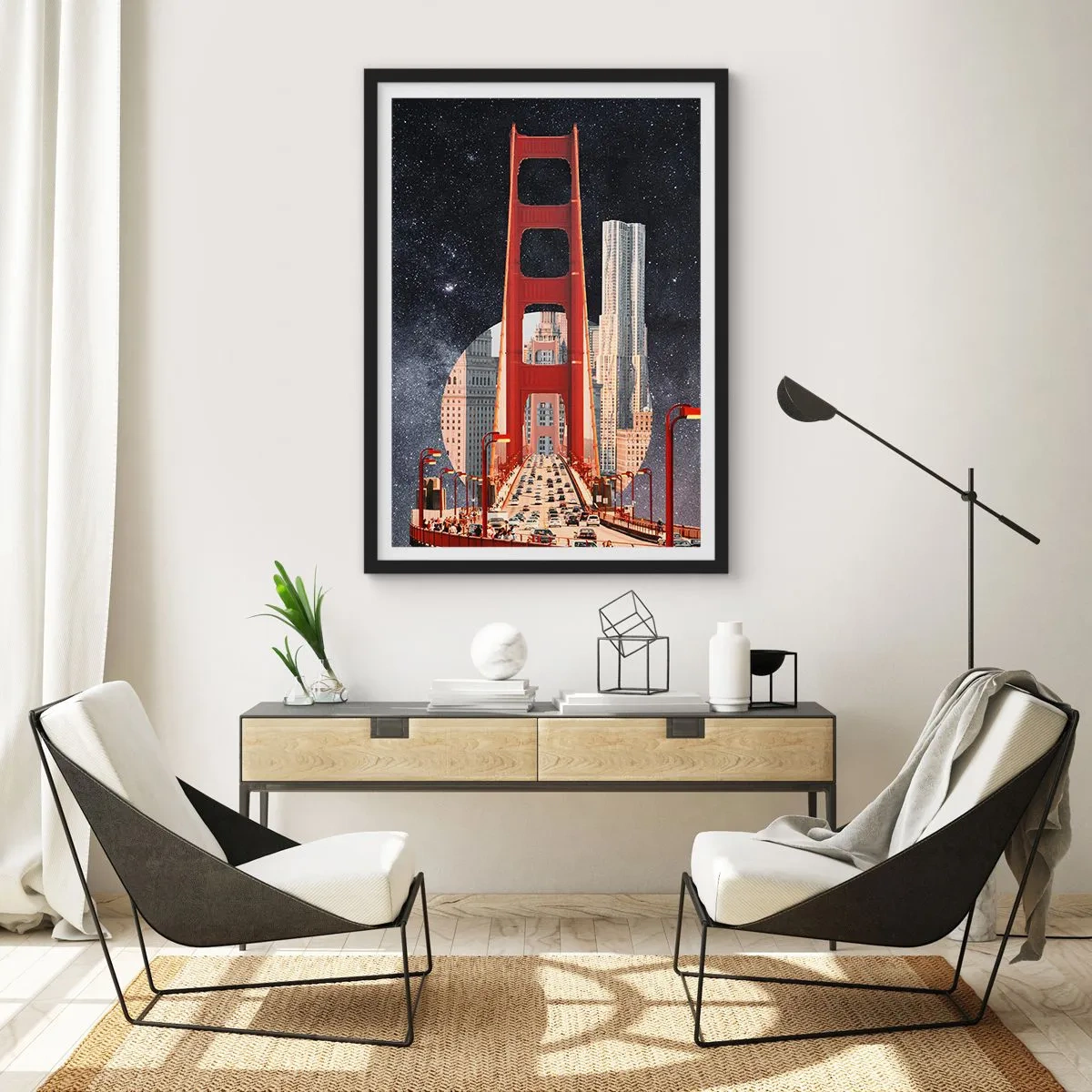 Plagát v čiernom ráme - Most a mrakodrapy proti hviezdnej oblohe - 50x70cm - Vždy v centre - Moderná nástenná dekorácia do obývacej izby a spálne ARTTOR