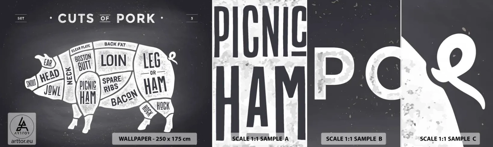 Vzorka samolepiacej fototapety Deluxe Sticker - Šlabikár mäsiara - Gastronómia, Zviera Prasa, Bravčové mäso - 100x30 cm