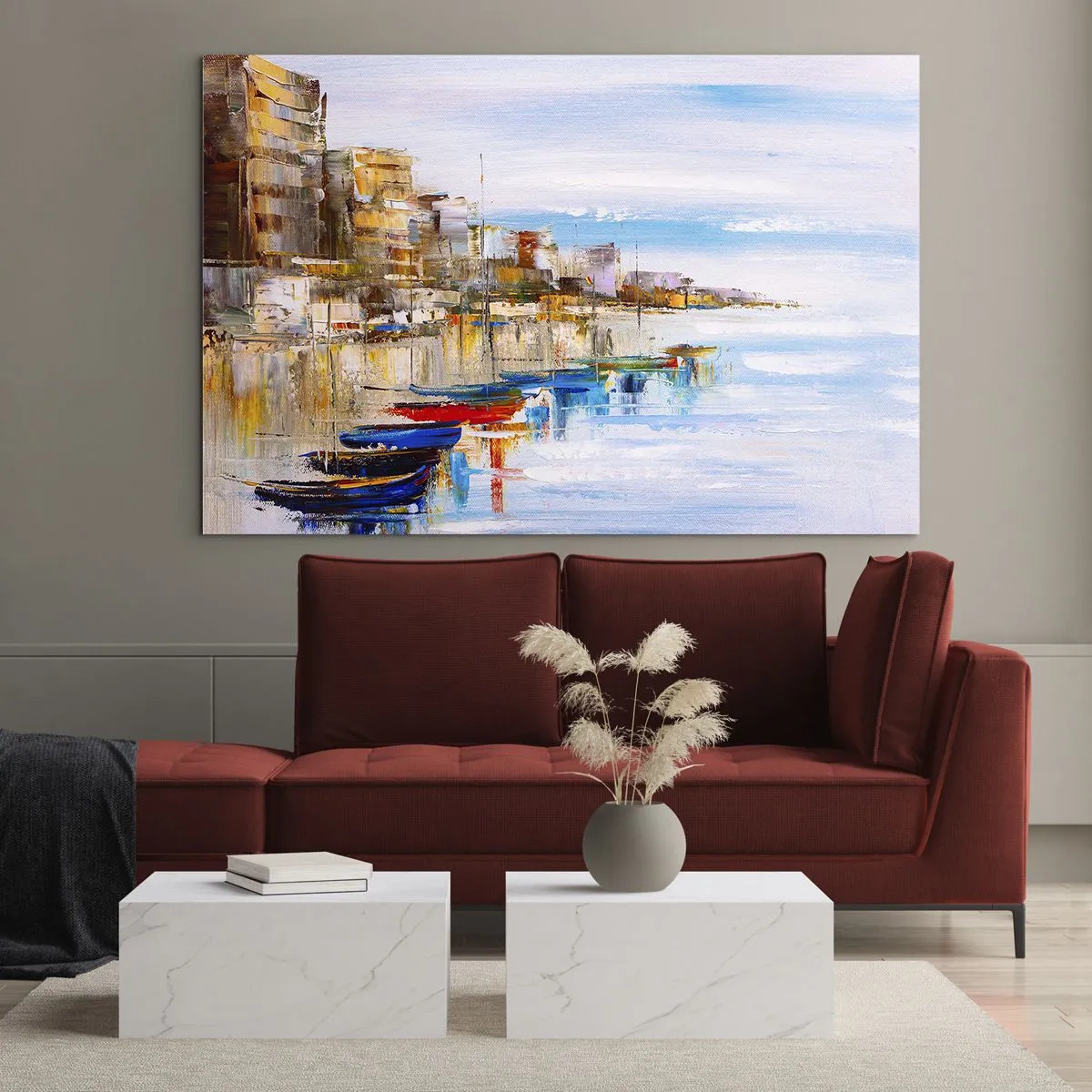 Obraz na skle - Farebné lode kotviace na mestskom nábreží - 70x50cm - Viacfarebný mestský prístav - Moderná nástenná dekorácia do obývacej izby a spálne ARTTOR