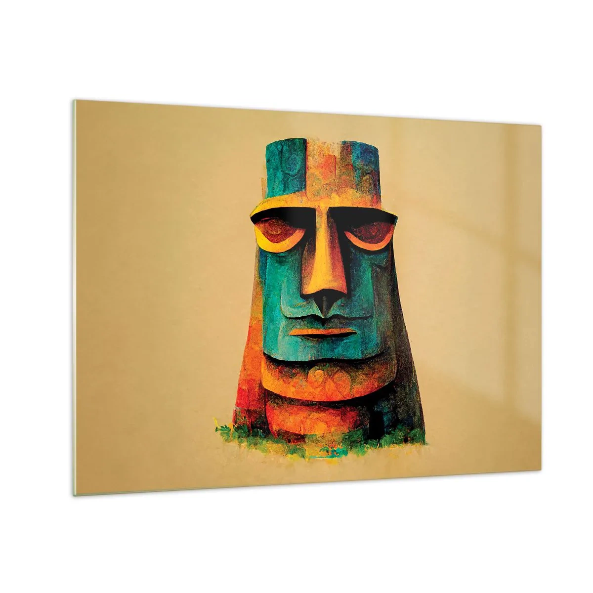 Obraz na skle - Farebný portrét inšpirovaný kamennou sochou na béžovom pozadí. - 70x50cm - Sošný, ale sympatický - Moderná nástenná dekorácia do obývacej izby a spálne ARTTOR