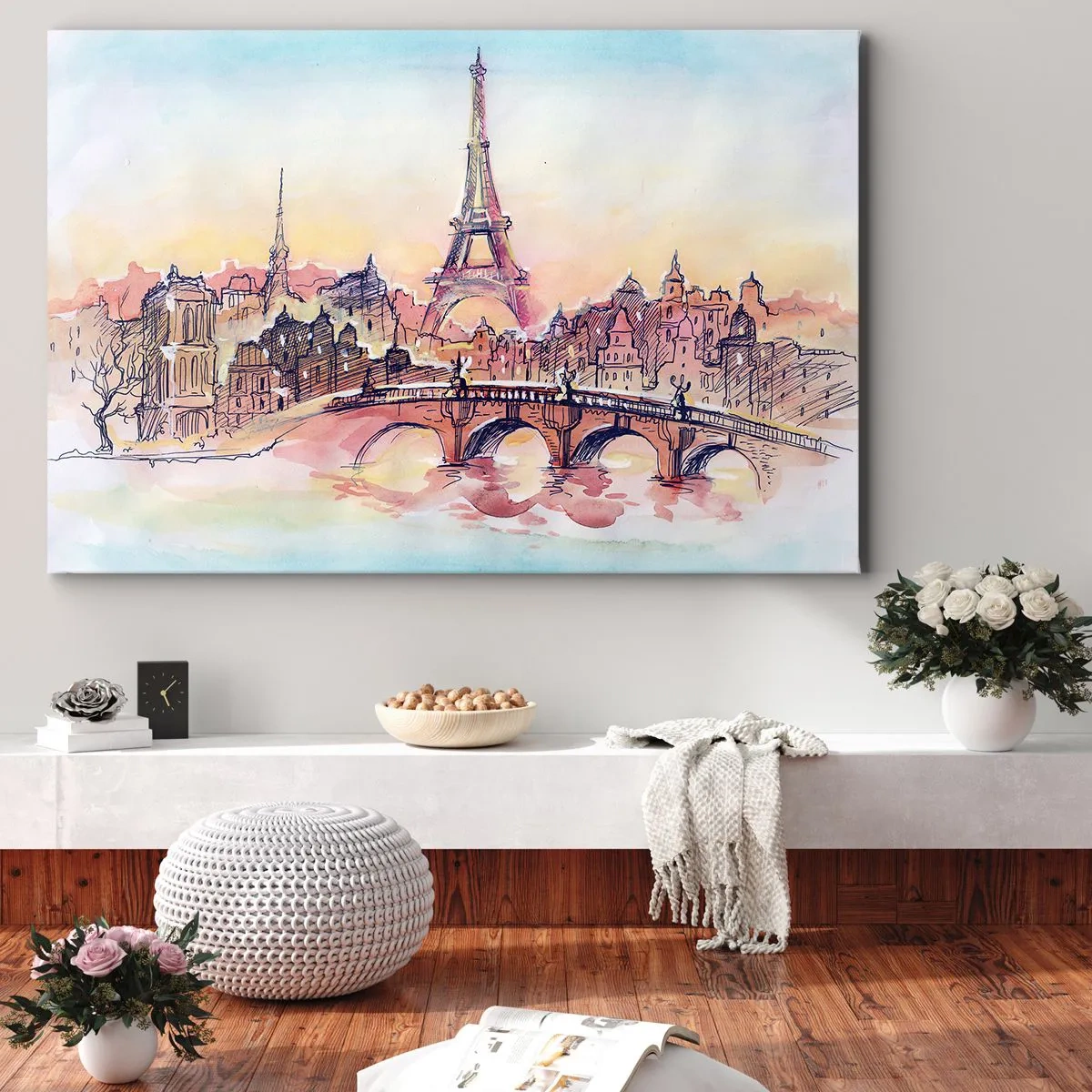 Obraz na plátne - Akvarelová panoráma Paríža s Eiffelovou vežou pri západe slnka - 70x50cm - Jediné také mesto na svete - Moderná nástenná dekorácia do obývacej izby a spálne ARTTOR