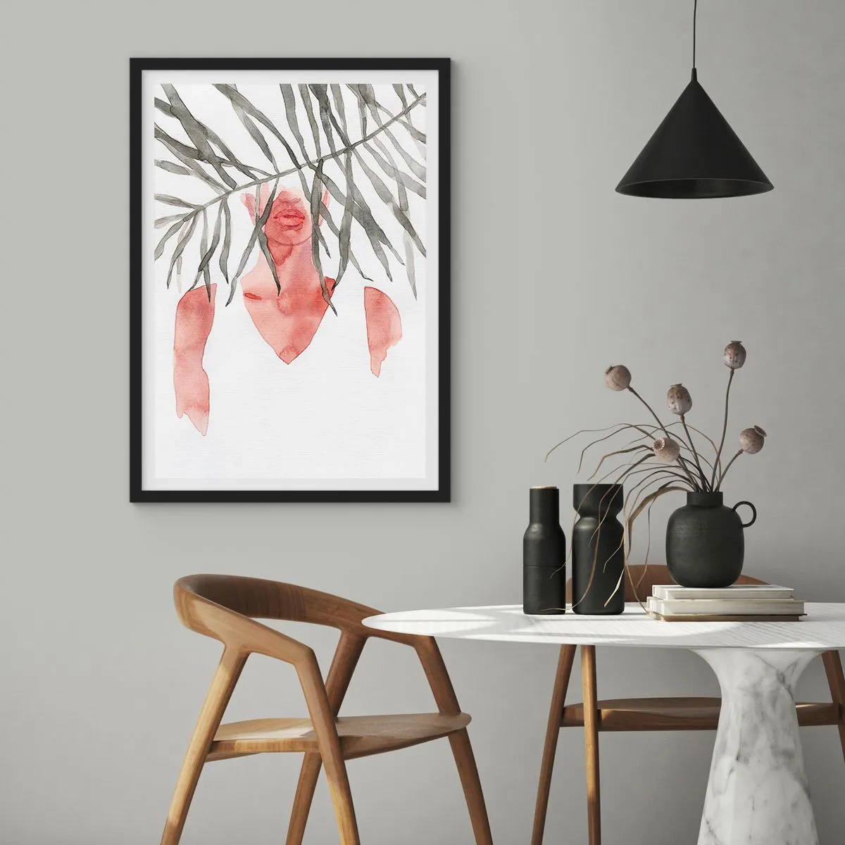 Plagát v čiernom ráme - Akvarelová silueta ženy zakrytej za listami - 50x70cm - Dáma trópov - Moderná nástenná dekorácia do obývacej izby a spálne ARTTOR