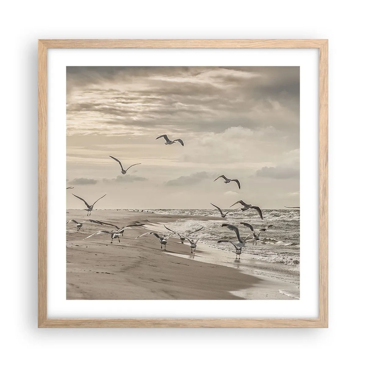 Plagát v ráme zo svetlého duba - Šumenie mora, spev vtákov - 50x50 cm