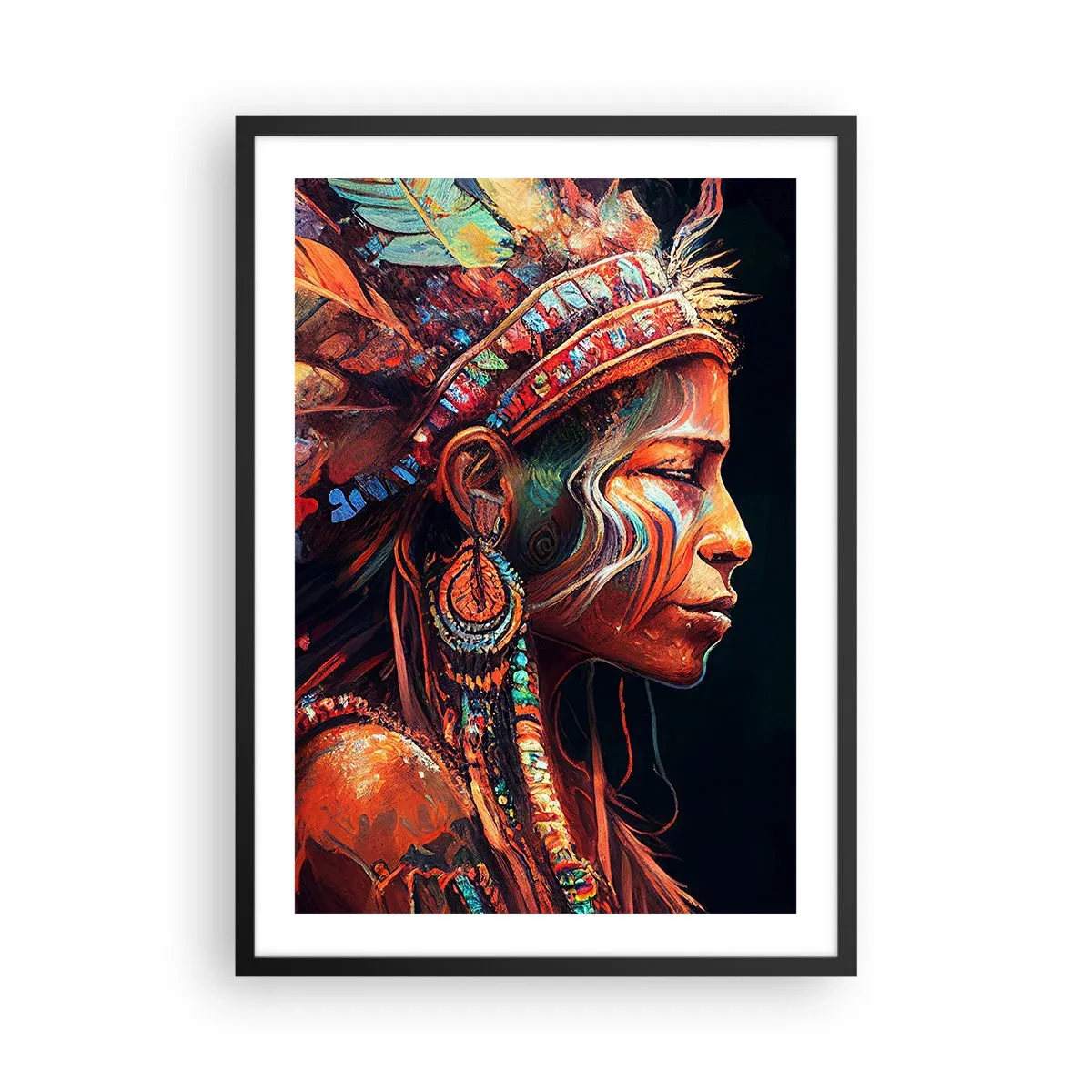 Plagát v čiernom ráme - Portrét ženy v tradičnej perovej pokrývke hlavy - 50x70cm - Magický rituál - Moderná nástenná dekorácia do obývacej izby a spálne ARTTOR