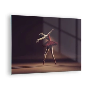 Obraz na skle - Baletka v červených šatách v dynamickej póze - 70x50cm - Prima balerína - Moderná nástenná dekorácia do obývacej izby a spálne ARTTOR