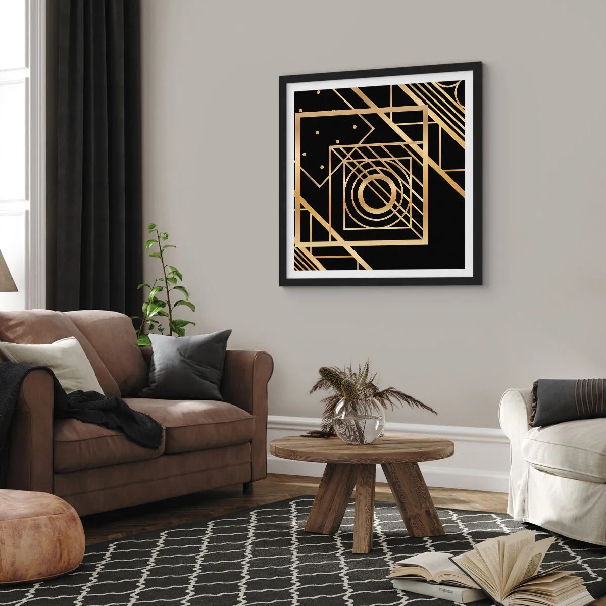 Plagát v čiernom ráme - Zlatá geometria - 30x30 cm