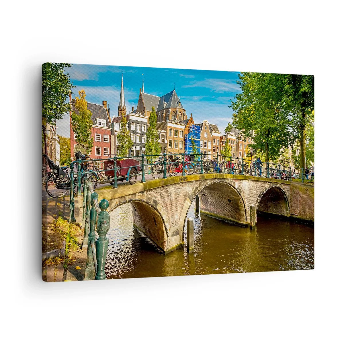 Obraz na plátne - Malebný kanál s mostom v Amsterdame - 70x50cm - Jar pri kanáli - Moderná nástenná dekorácia do obývacej izby a spálne ARTTOR