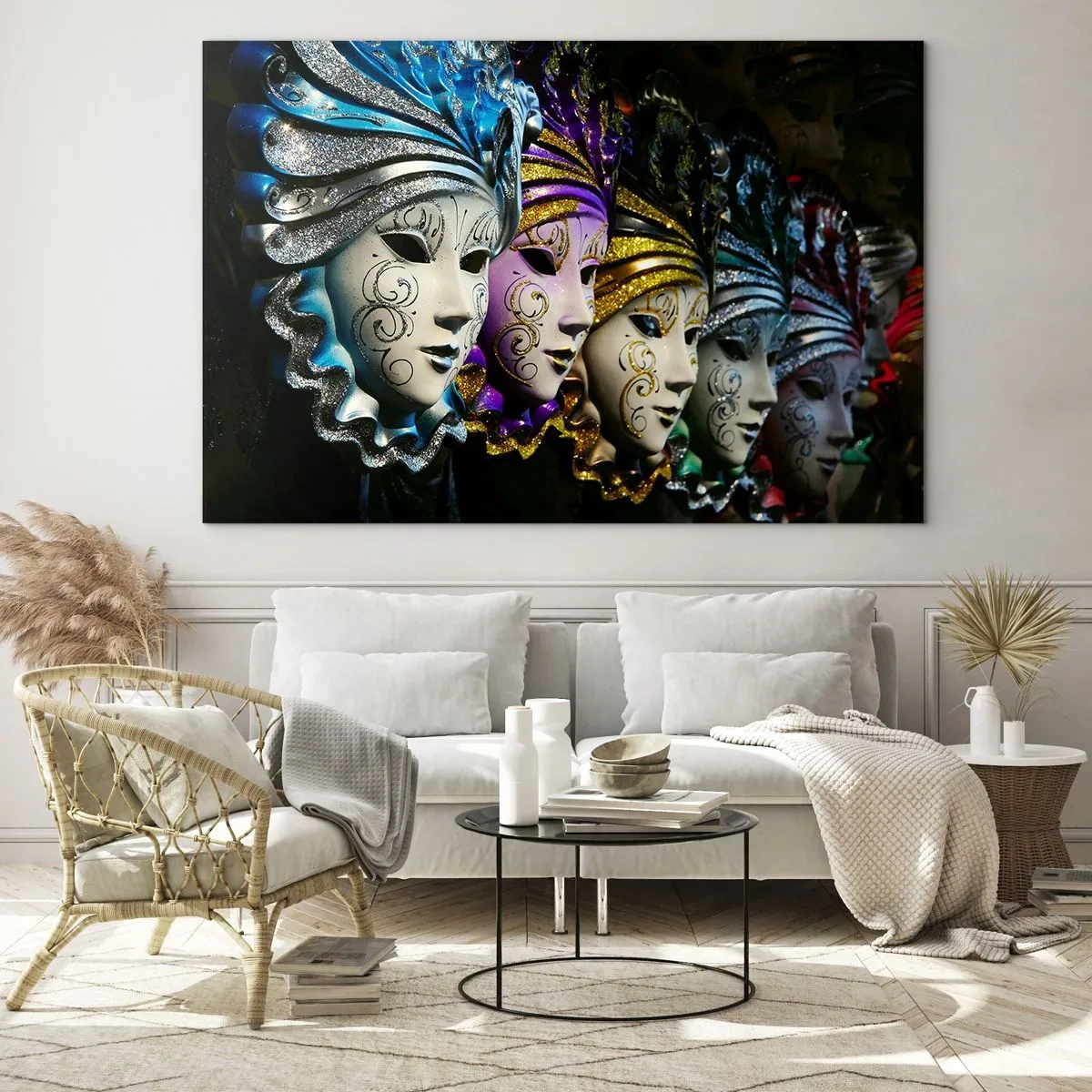 Obraz na skle - Farebné benátske masky v rade - 70x50cm - Tajomstvo v zlatej a v striebornej - Moderná nástenná dekorácia do obývacej izby a spálne ARTTOR