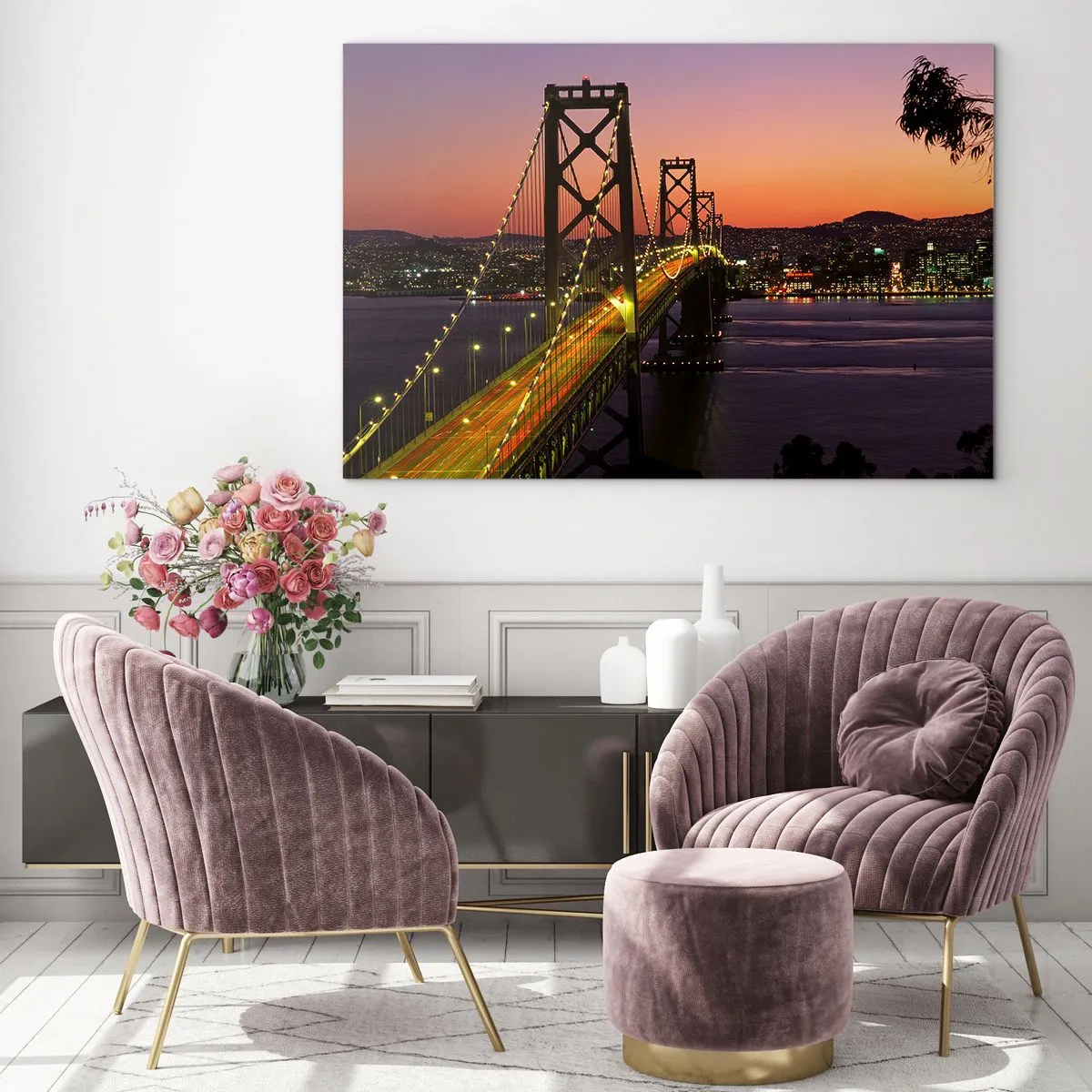 Obraz na skle - Most v noci v meste a svetlo západu slnka - 70x50cm - Večer vo fialovej - Moderná nástenná dekorácia do obývacej izby a spálne ARTTOR