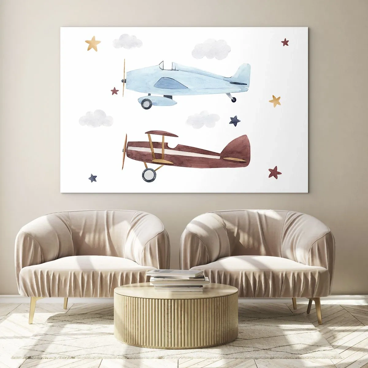 Obraz na skle - Dve farebné lietadlá medzi hviezdami a oblakmi - 70x50cm - Pán pilot, čakáme! - Moderná nástenná dekorácia do obývacej izby a spálne ARTTOR