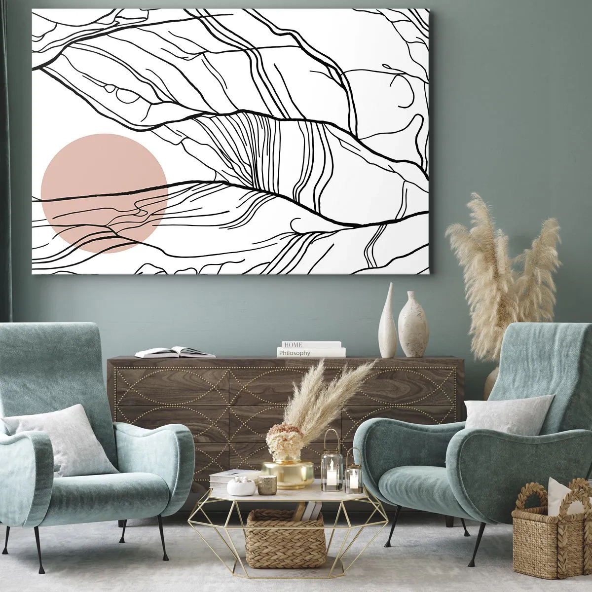 Obraz na plátne - Minimalistické línie s geometrickým akcentom - 70x50cm - V sieti vetvičiek - Moderná nástenná dekorácia do obývacej izby a spálne ARTTOR