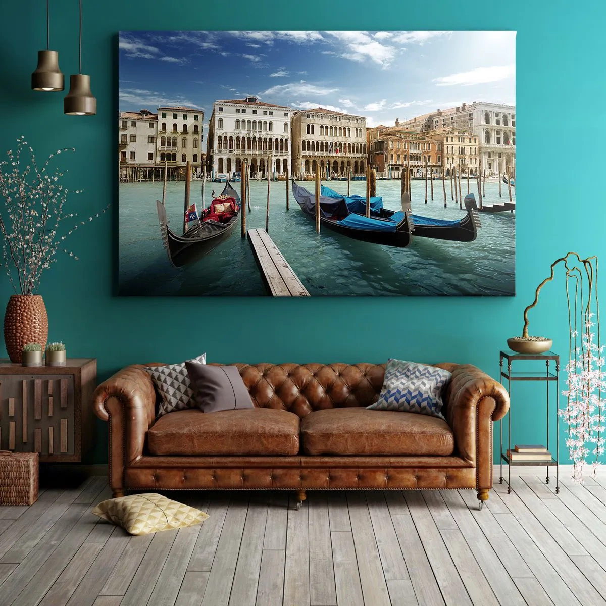 Obraz na plátne - Benátky s gondolami a palácmi na pozadí oblohy - 70x50cm - Paláce v modrej - Moderná nástenná dekorácia do obývacej izby a spálne ARTTOR