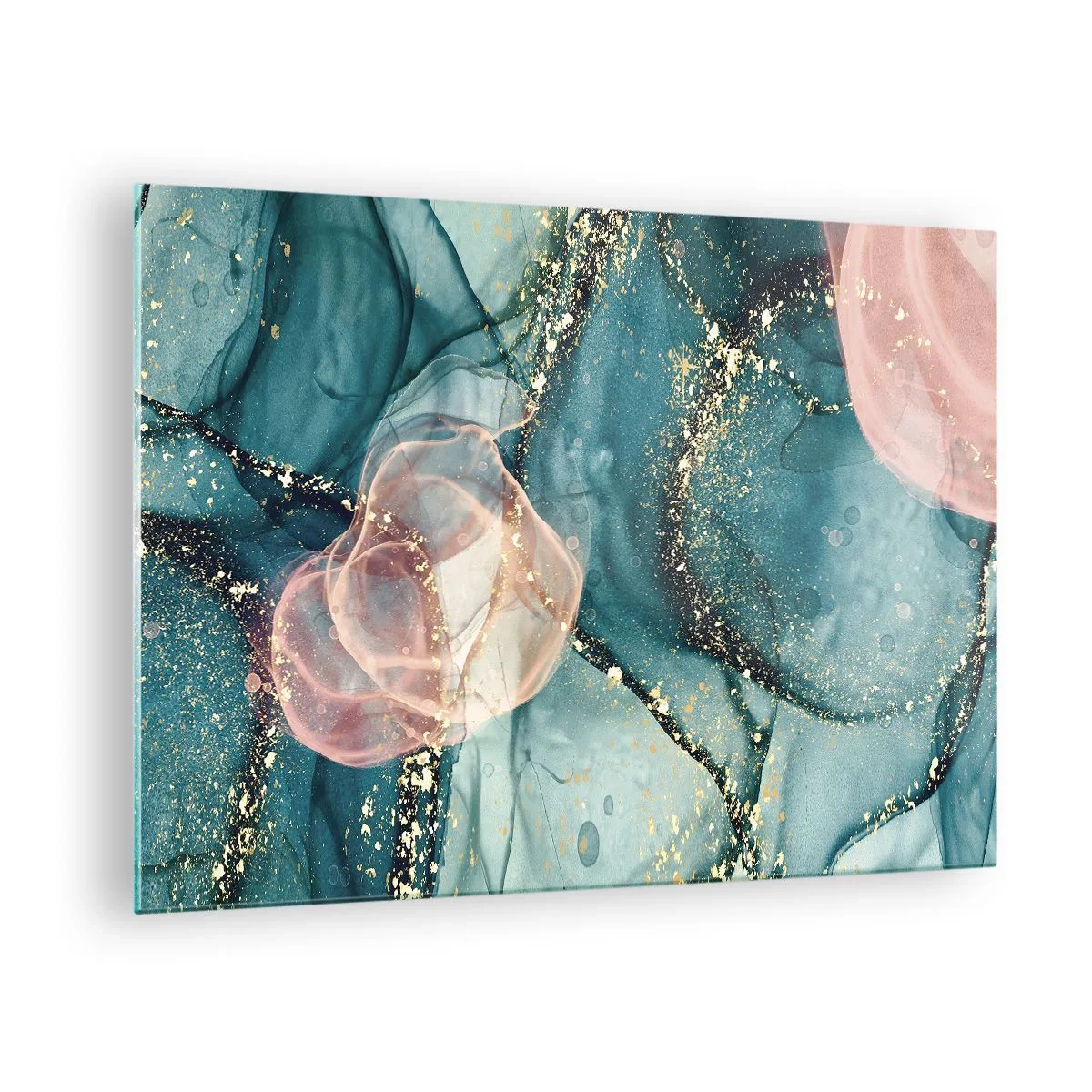 Obraz na skle - Abstraktné tvary v modrej a ružovej farbe so zlatými detailmi - 70x50cm - Modré hodváb modré, ružový tyl - Moderná nástenná dekorácia do obývacej izby a spálne ARTTOR