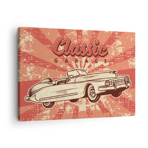 Obraz na plátne - Retro plagát s klasickým autom a slovami Classic Garage - 70x50cm - V rádiu je Elvis - Moderná nástenná dekorácia do obývacej izby a spálne ARTTOR
