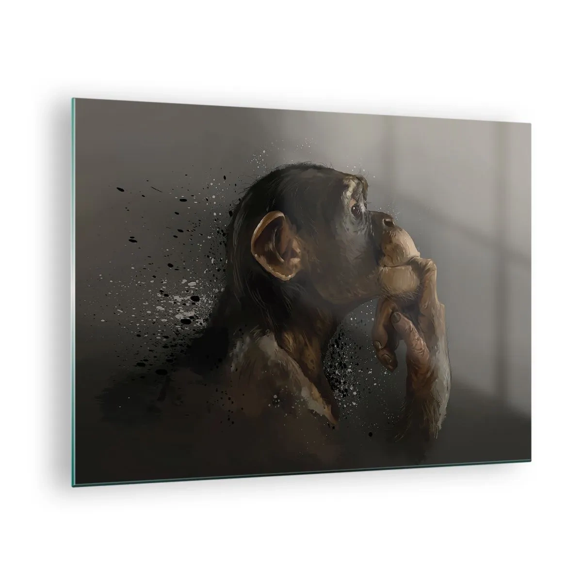 Obraz na skle - Opica vyzerá zamyslene na tmavom pozadí s efektom striekania - 70x50cm - Určite mysliteľ - Moderná nástenná dekorácia do obývacej izby a spálne ARTTOR