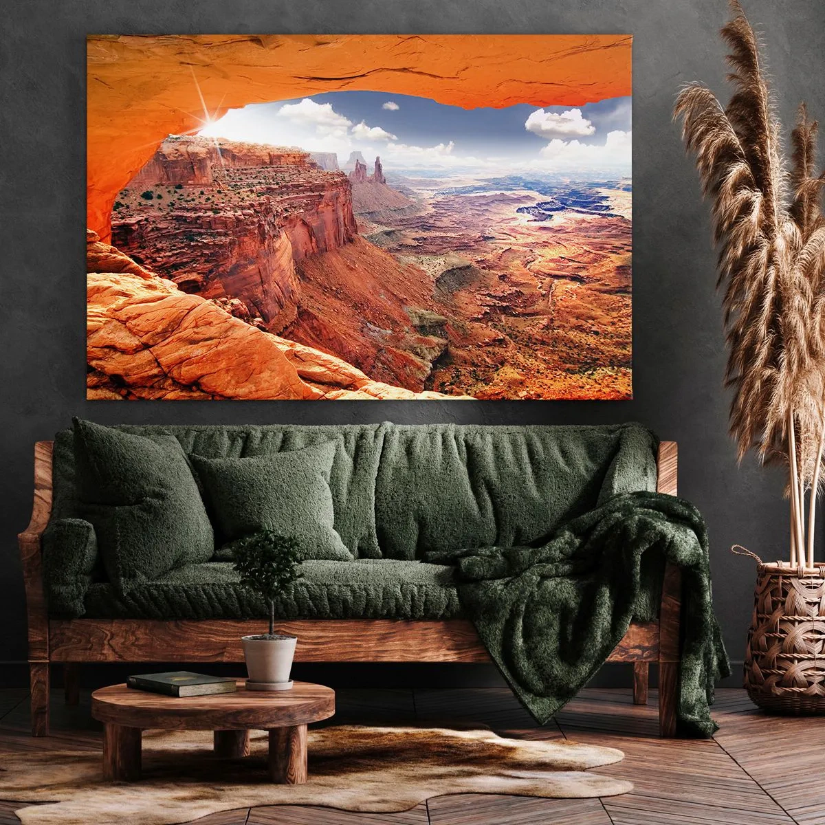 Obraz na plátne - Kaňon videný cez skalné okno s teplými skalnými tónmi - 70x50cm - Vytesané samotnou prírodou - Moderná nástenná dekorácia do obývacej izby a spálne ARTTOR